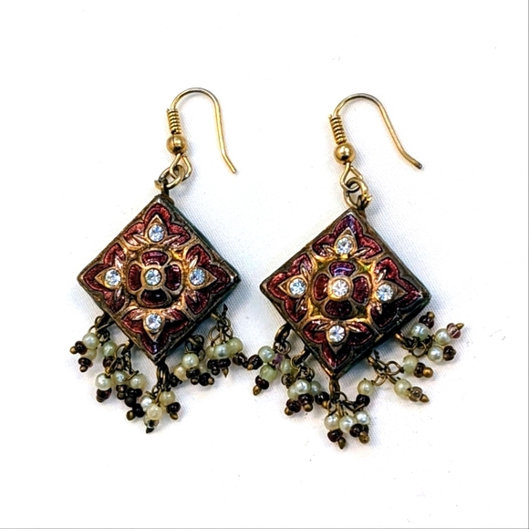 Vintage handmade enamel and rhinestone reversible side Indian Bollywood earrings - Picture 4 of 6